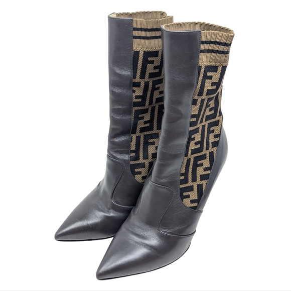Fendi Rockoko FF Logo Signature Monogram Brown Leather Zucca Boots Size EU 38.5 - Picture 14 of 15